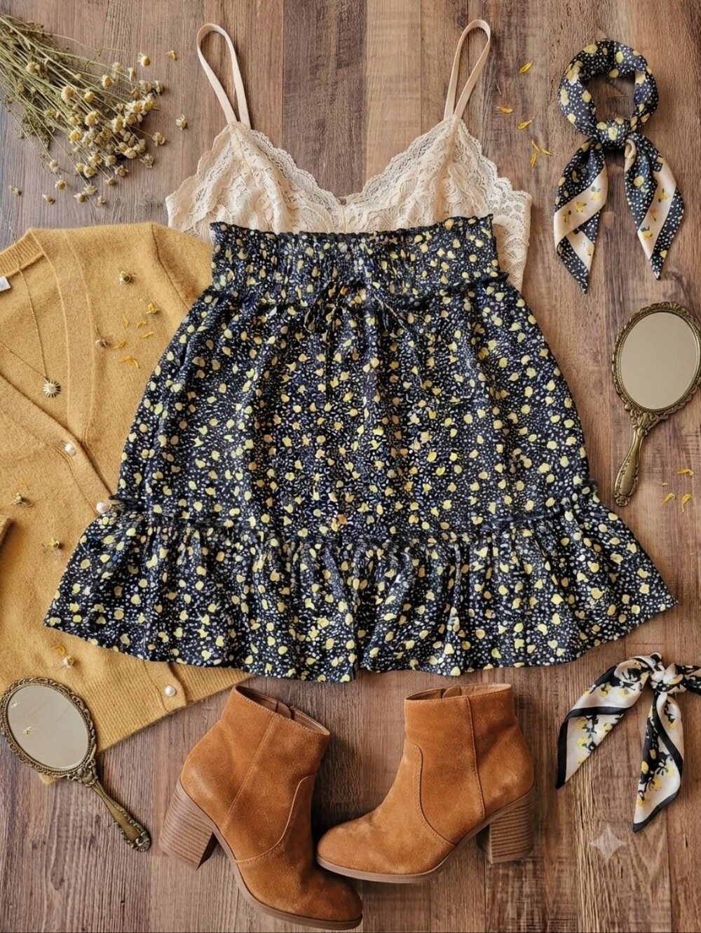 L Love Black Skirt With Dainty Yellow Flower Print And Micro Polka Dots
